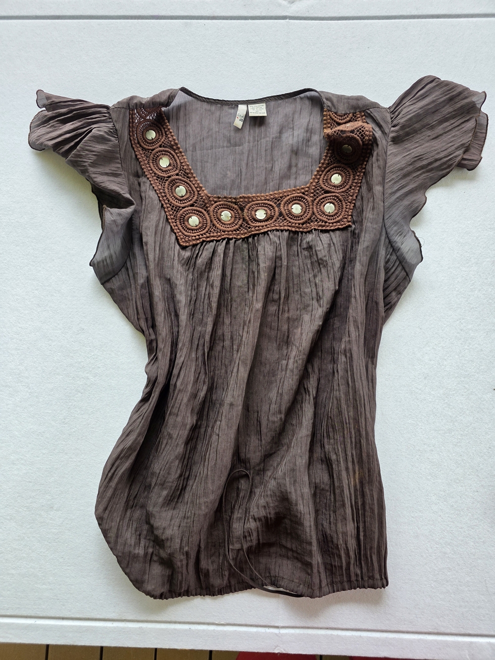 Boho Brown Crochet Square-Yoke Flutter Sleeve Tunic